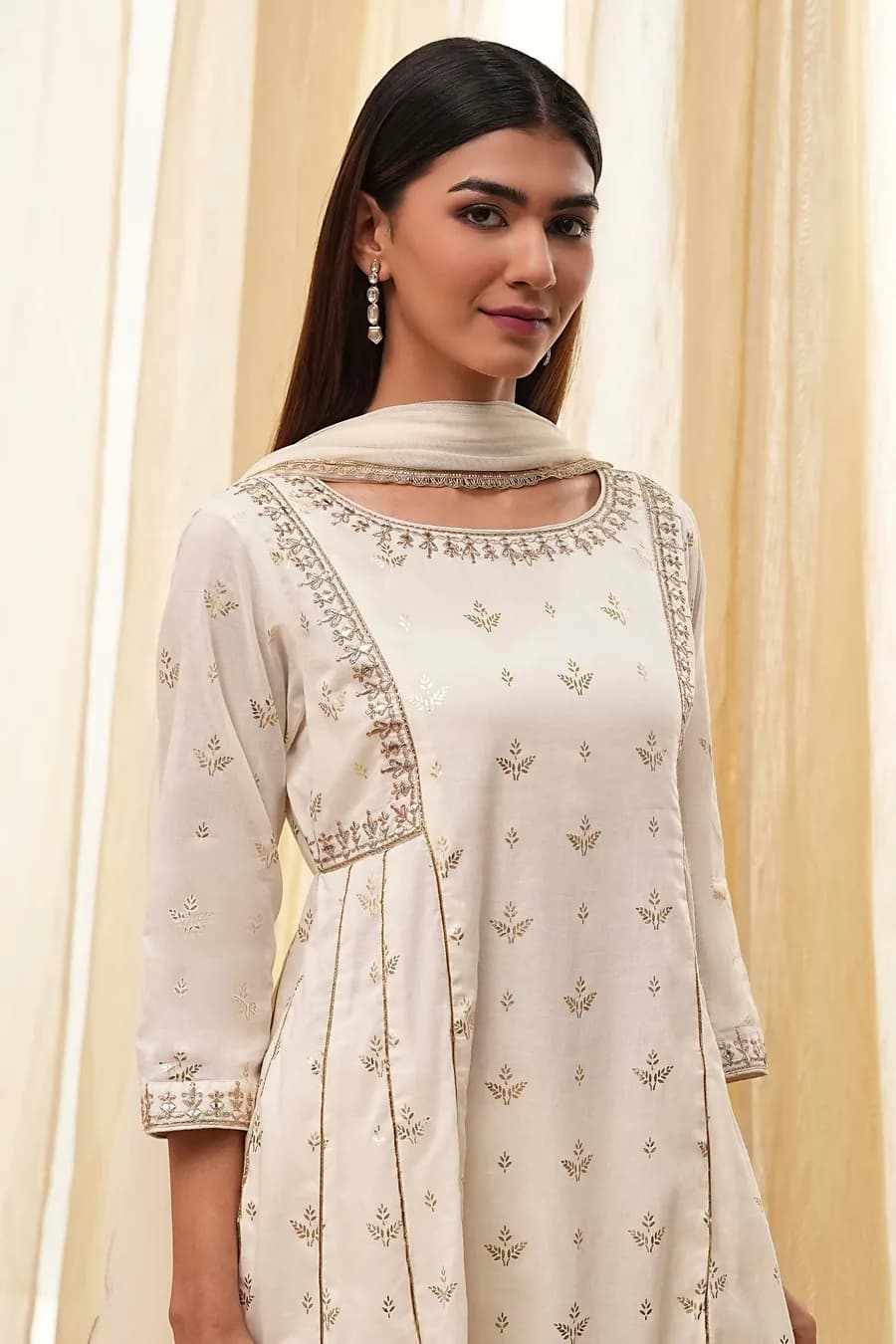 Cream-Colored Cotton Foil Printed Kalidar Suit Set — 8
