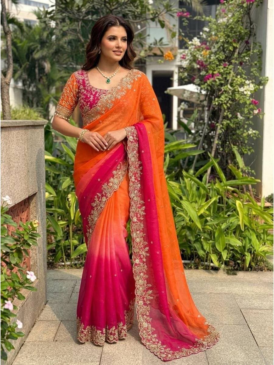 Embellished Embroidered Zari Satin Saree with Blousepiece — 3