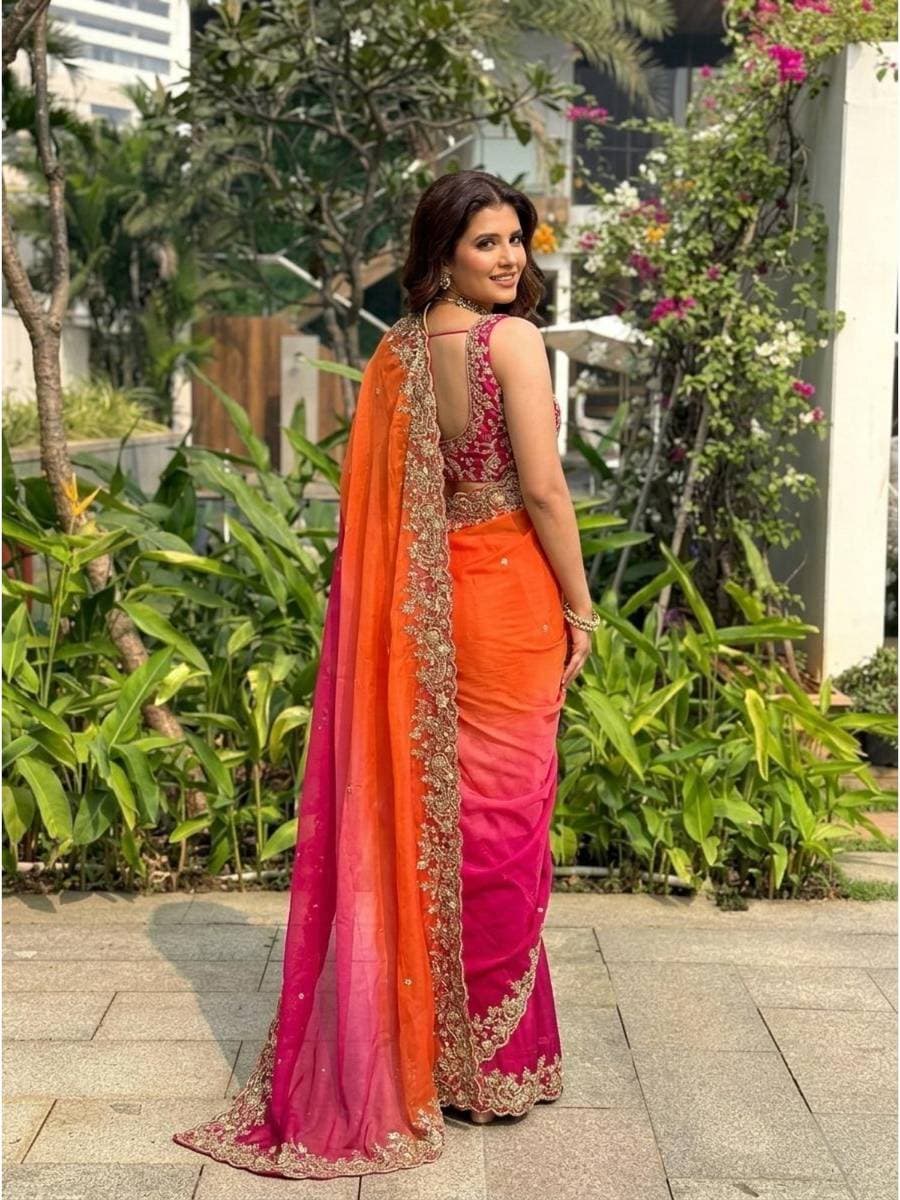 Embellished Embroidered Zari Satin Saree with Blousepiece — 4