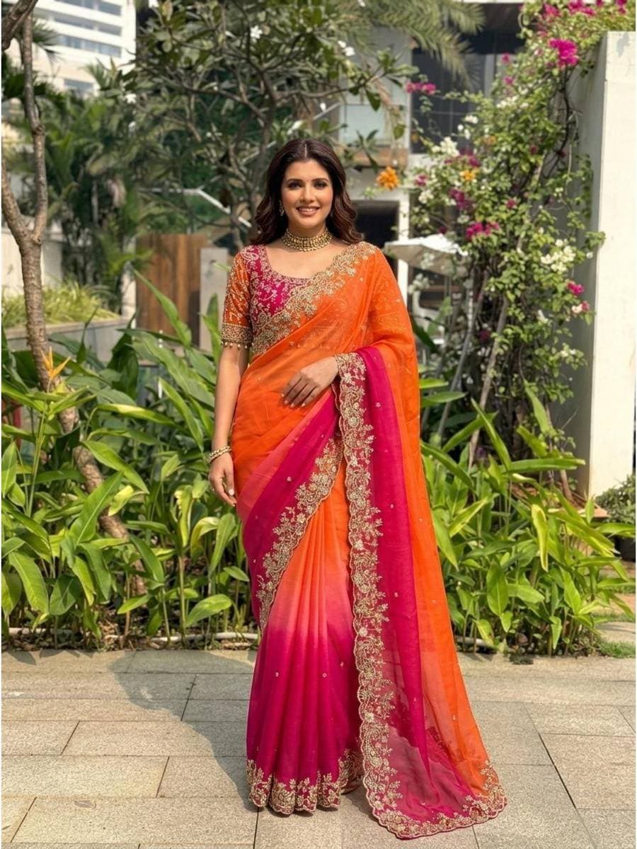 Embellished Embroidered Zari Satin Saree with Blousepiece — 1