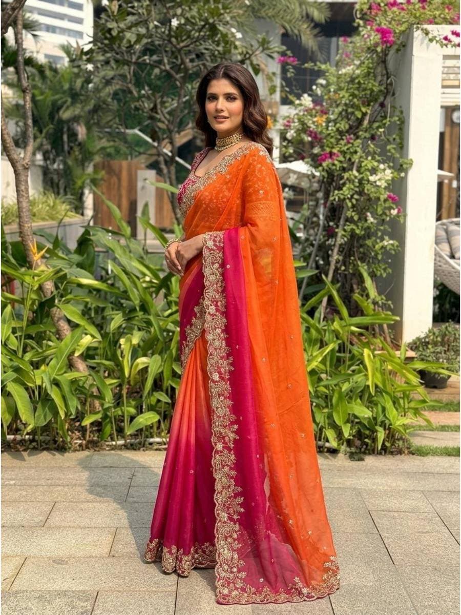 Embellished Embroidered Zari Satin Saree with Blousepiece — 2