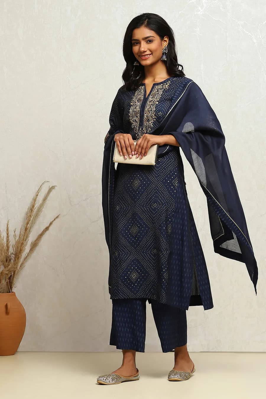 Indigo Modal Chanderi Bandhani Printed Straight Suit Set — 1
