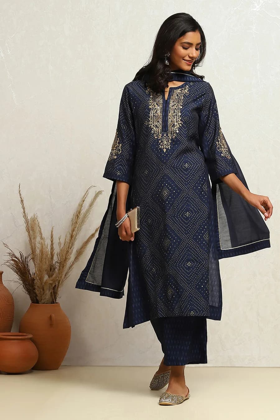 Indigo Modal Chanderi Bandhani Printed Straight Suit Set — 7