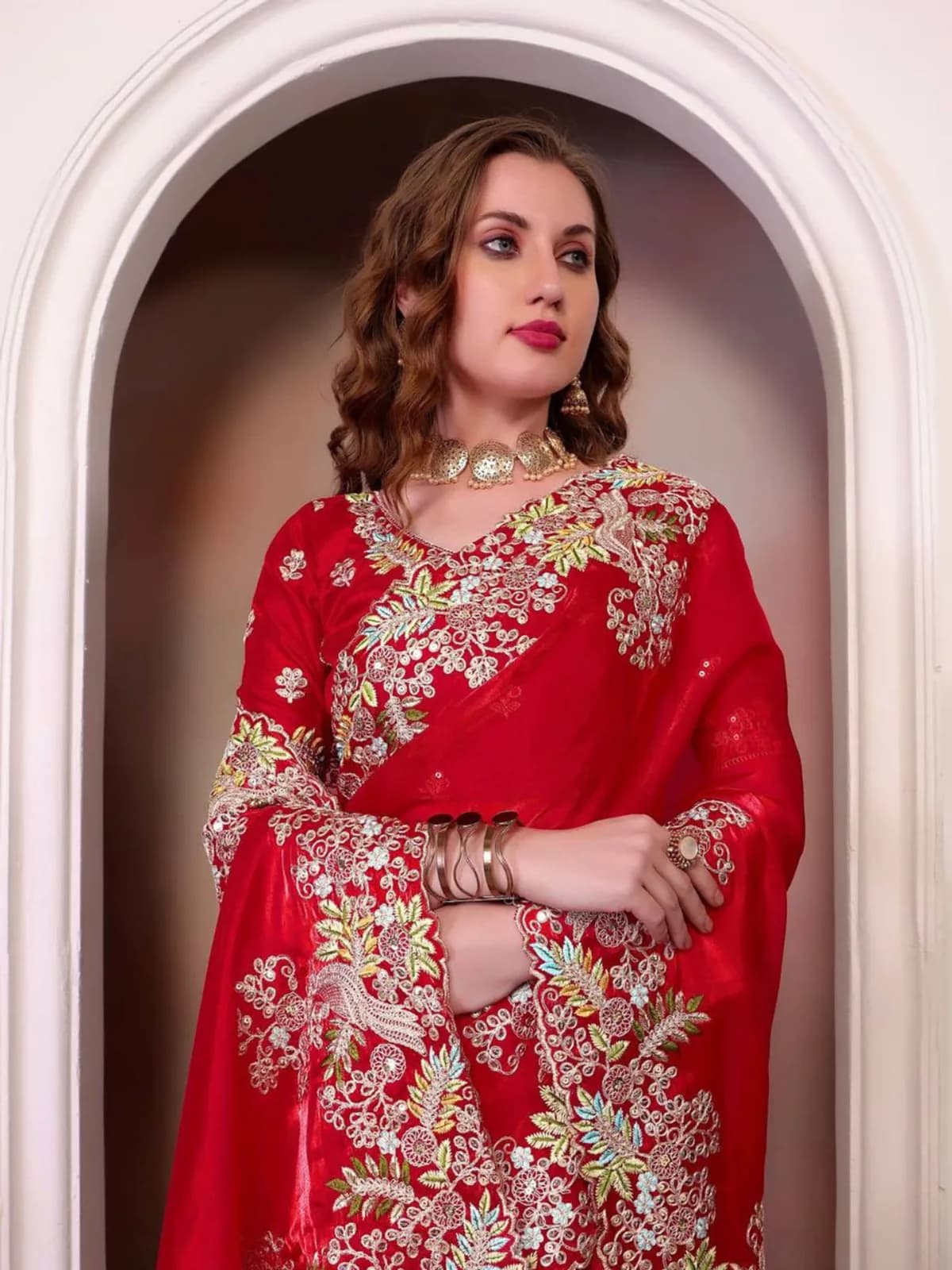 Red Jimmy Choo Embellished Saree with Unstitched Blouse — 1