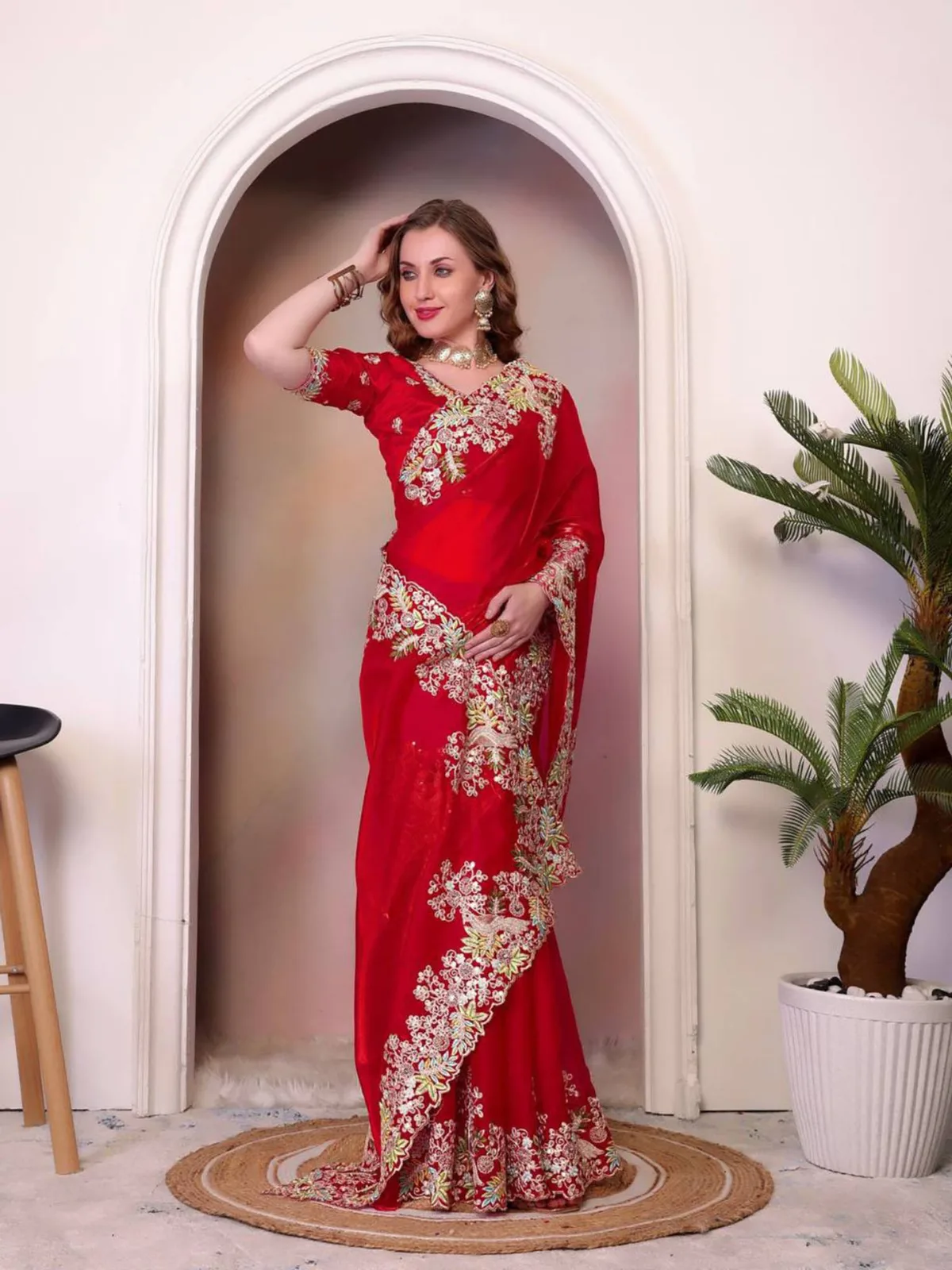 Red Jimmy Choo Embellished Saree with Unstitched Blouse — 2