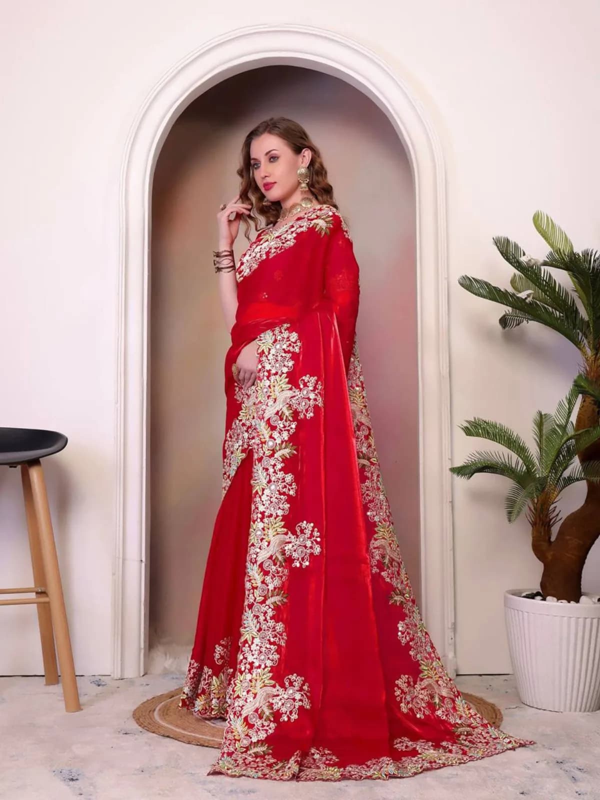 Red Jimmy Choo Embellished Saree with Unstitched Blouse — 3