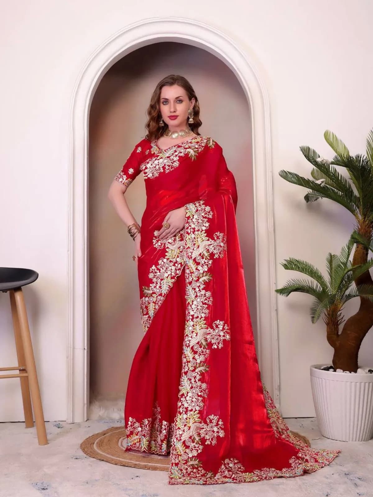 Red Jimmy Choo Embellished Saree with Unstitched Blouse — 4