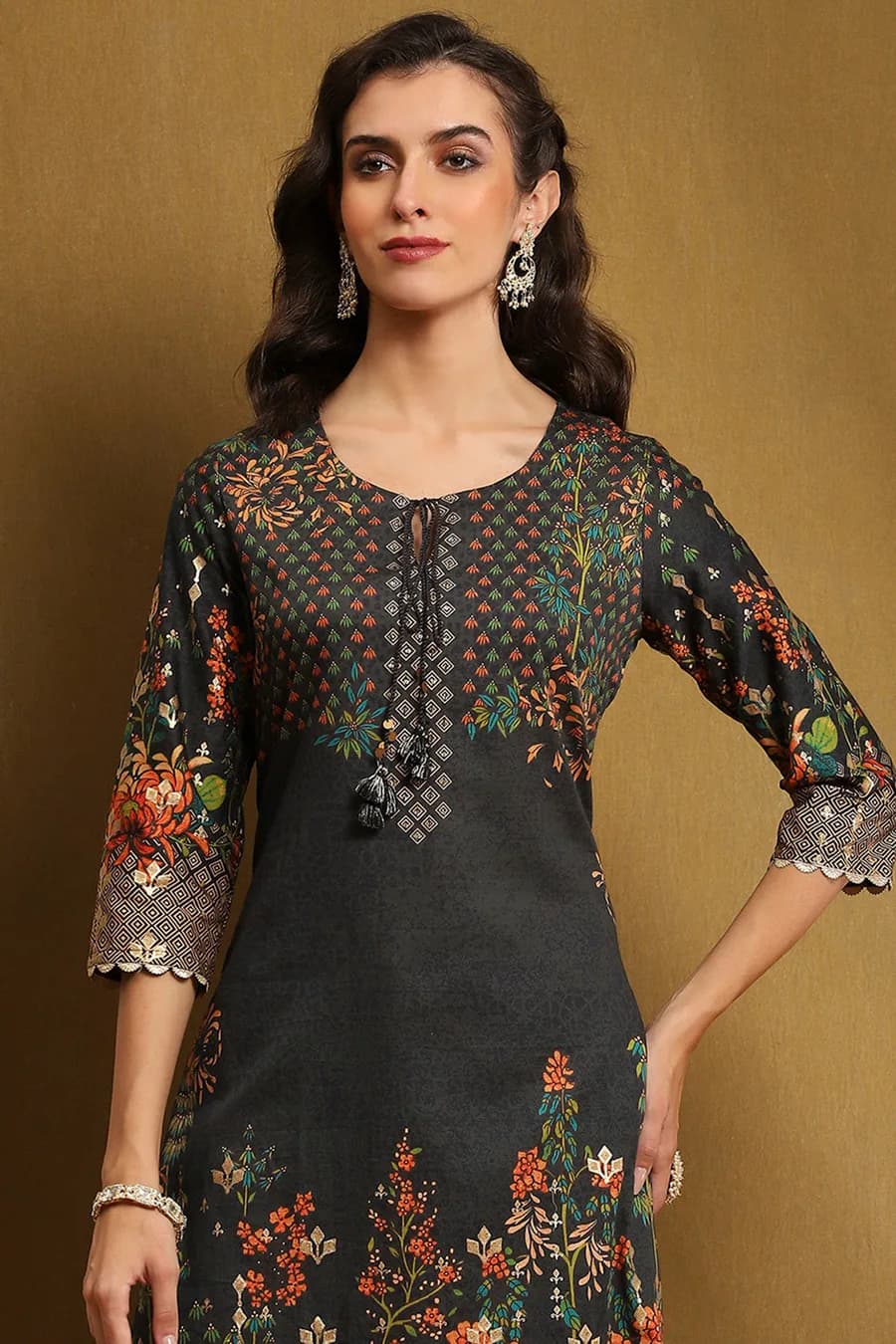 Black Cotton Floral Printed Straight Kurta — 3
