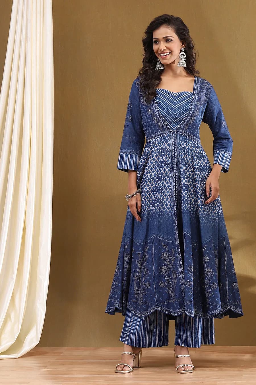 Indigo Modal Festive Anarkali Fusion Suit Set — 1