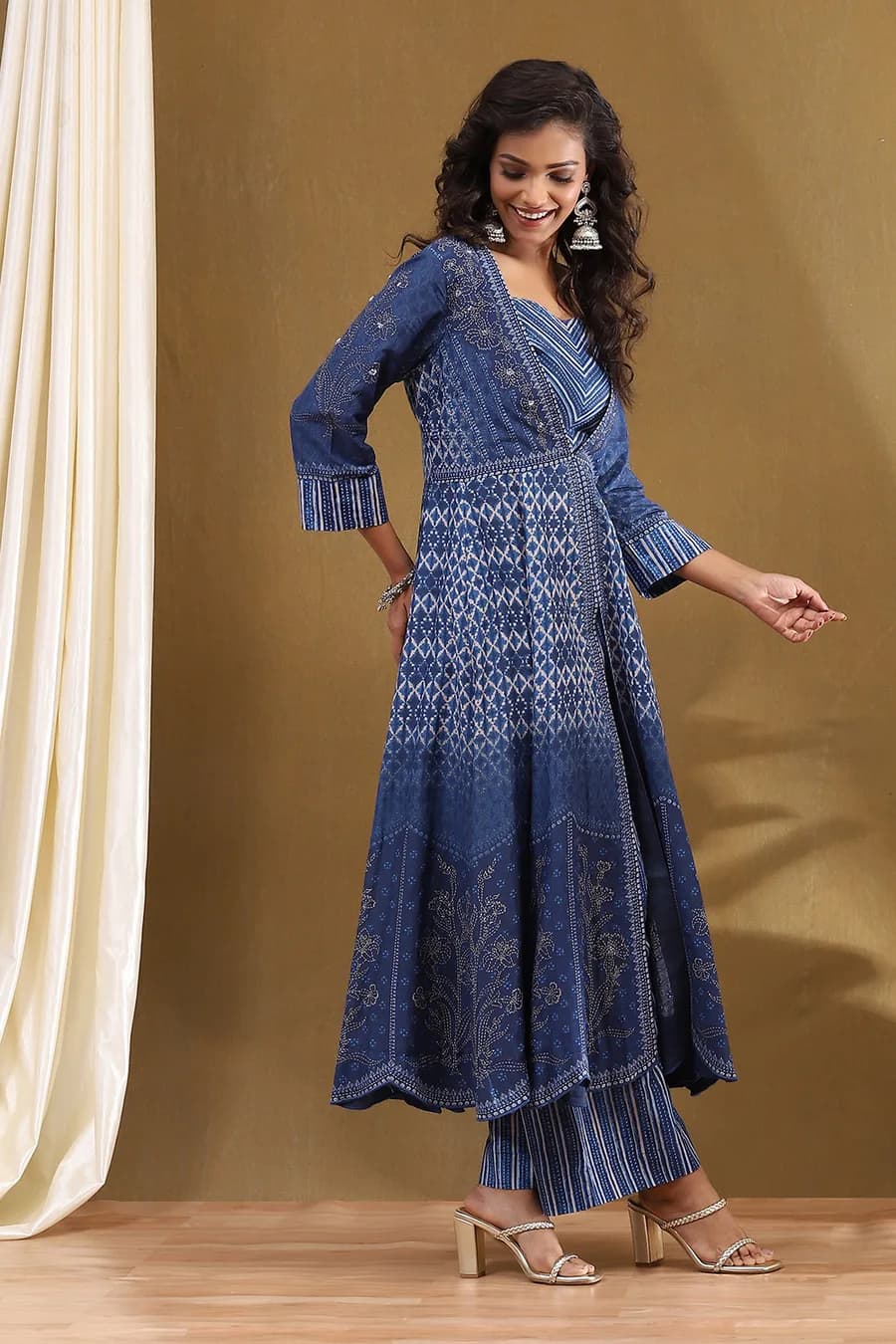 Indigo Modal Festive Anarkali Fusion Suit Set — 2