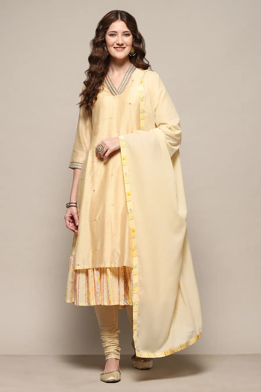 Beige Cotton Blend Embroidered Layered Suit Set — 2