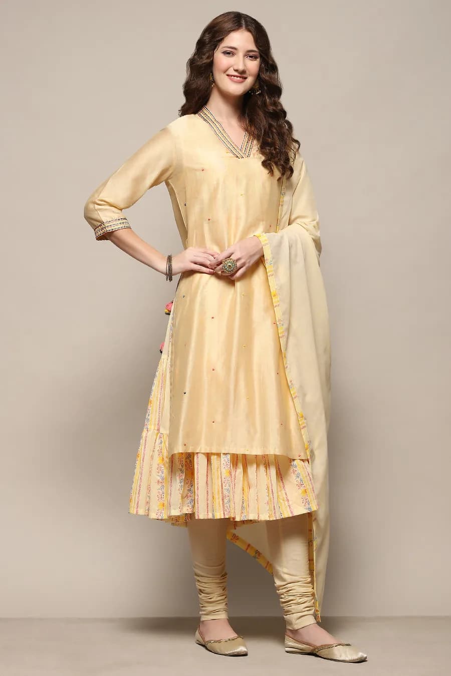 Beige Cotton Blend Embroidered Layered Suit Set — 4