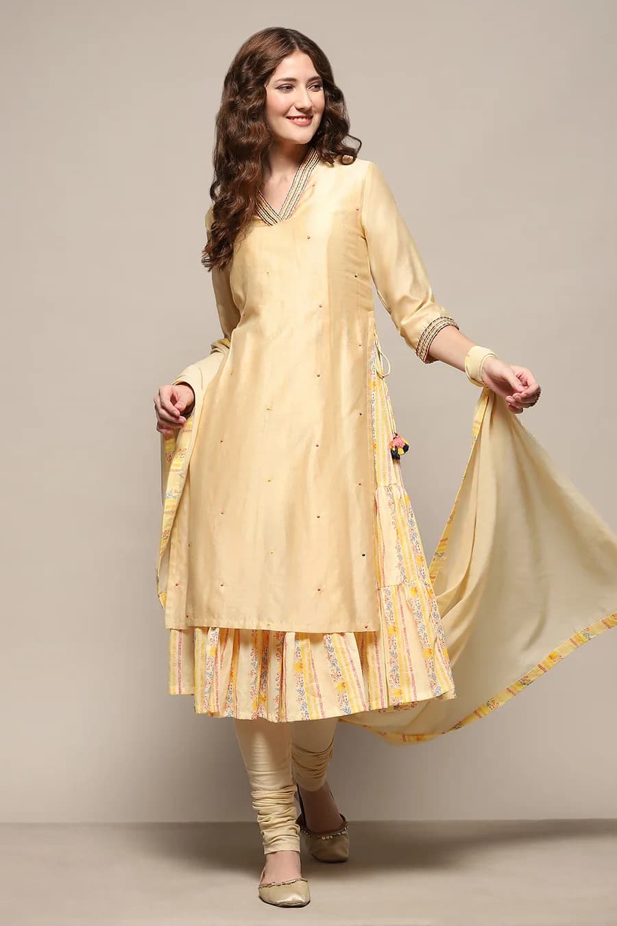 Beige Cotton Blend Embroidered Layered Suit Set — 1