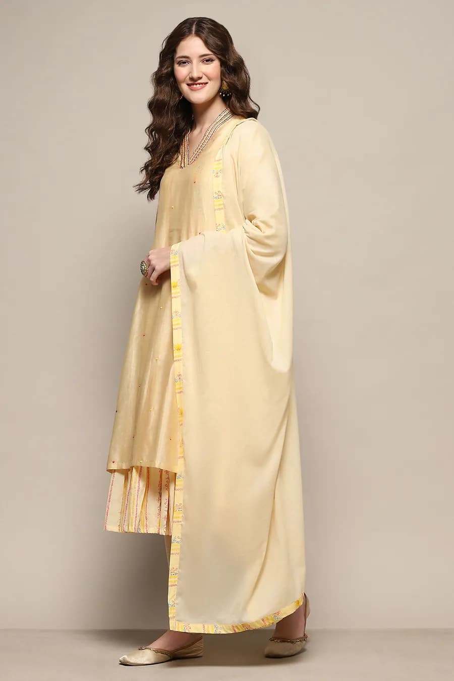 Beige Cotton Blend Embroidered Layered Suit Set — 8
