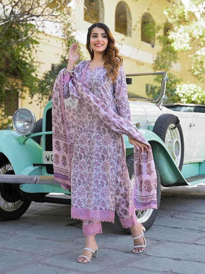 Light Purple Floral Printed Kurta with Pant and Dupatta (Set of 3) — 5