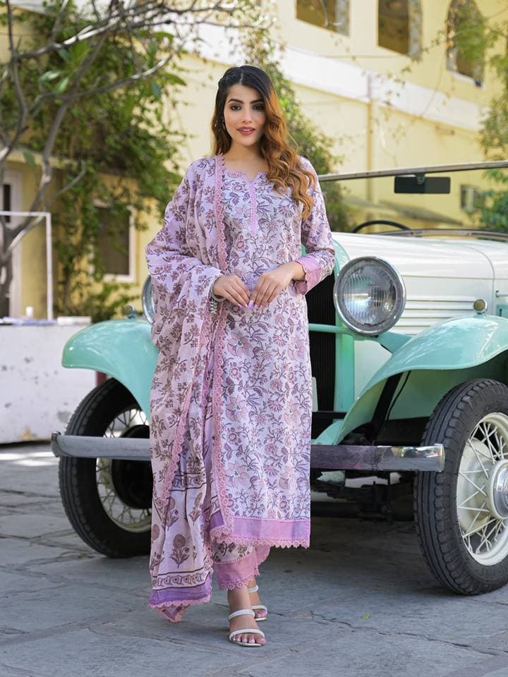 Light Purple Floral Printed Kurta with Pant and Dupatta (Set of 3) — 6