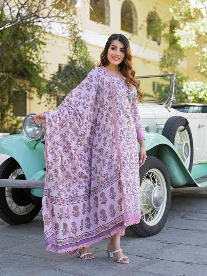 Light Purple Floral Printed Kurta with Pant and Dupatta (Set of 3) — 2