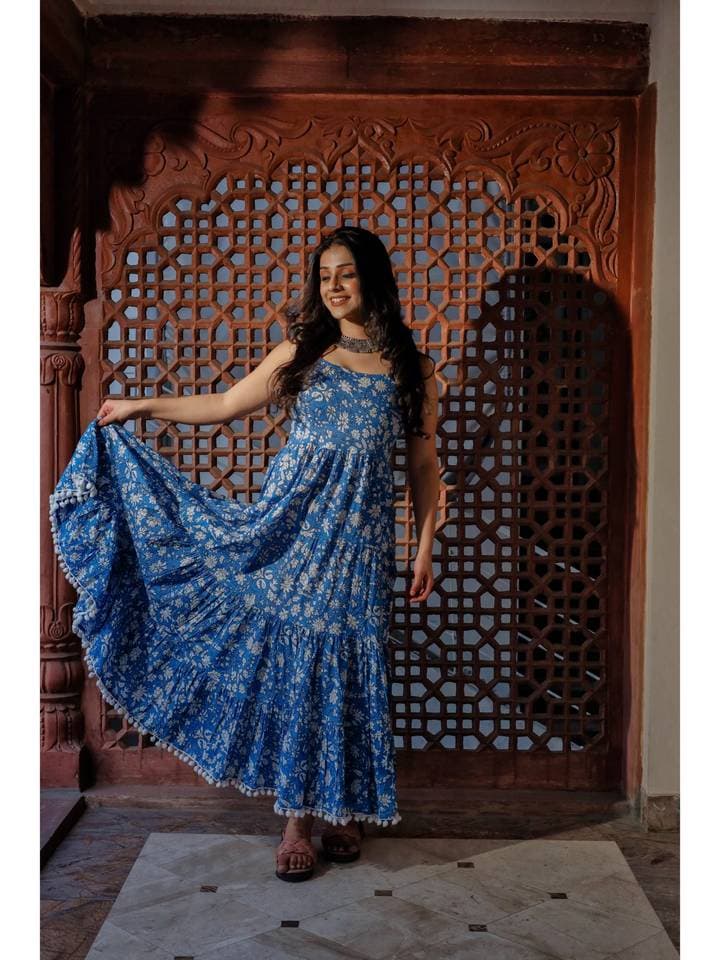 Indigo Floral Printed Shoulder Strip Long Dress — 3