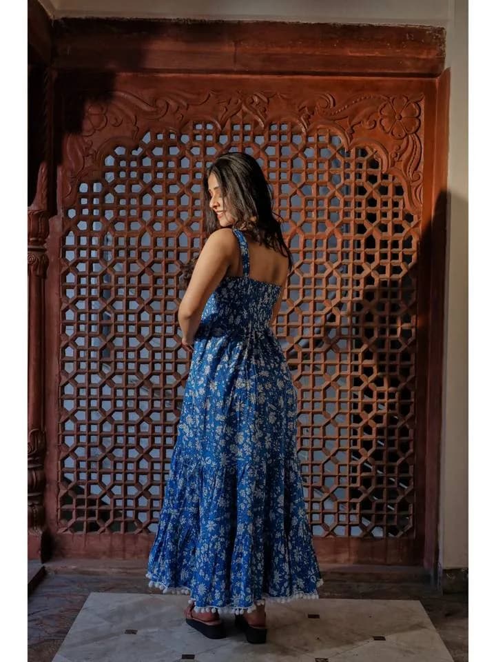 Indigo Floral Printed Shoulder Strip Long Dress — 2