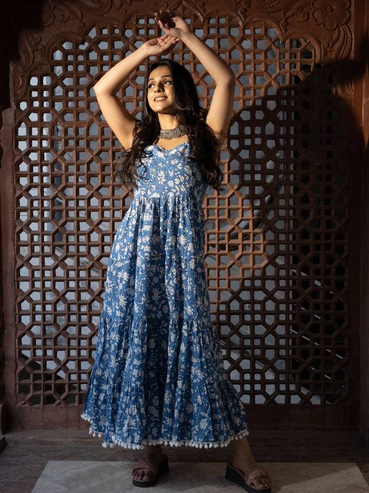Indigo Floral Printed Shoulder Strip Long Dress — 1