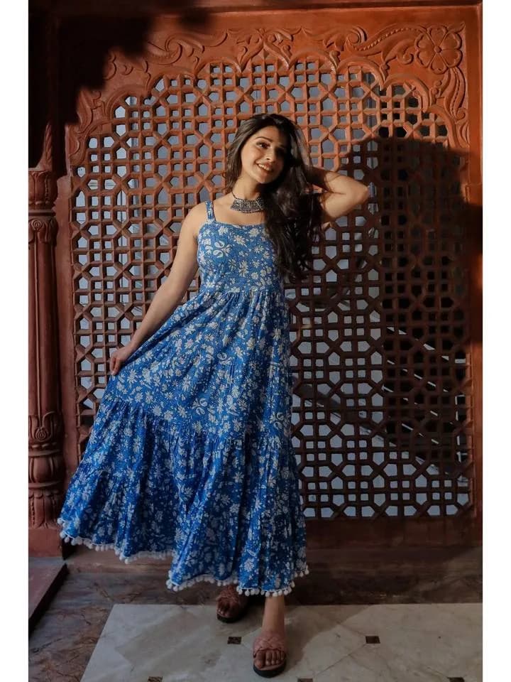 Indigo Floral Printed Shoulder Strip Long Dress — 5