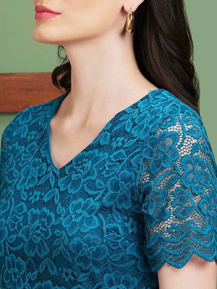Women Bottle Green V-Neck Opaque Floral Lace Bodycon Party Dress — 5