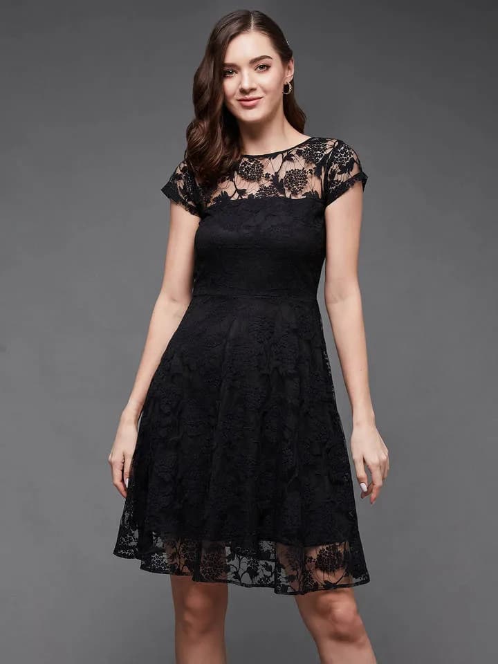 Women's Black Round Neck Cap Sleeves Low Back Lace Skater Party Dress — 1