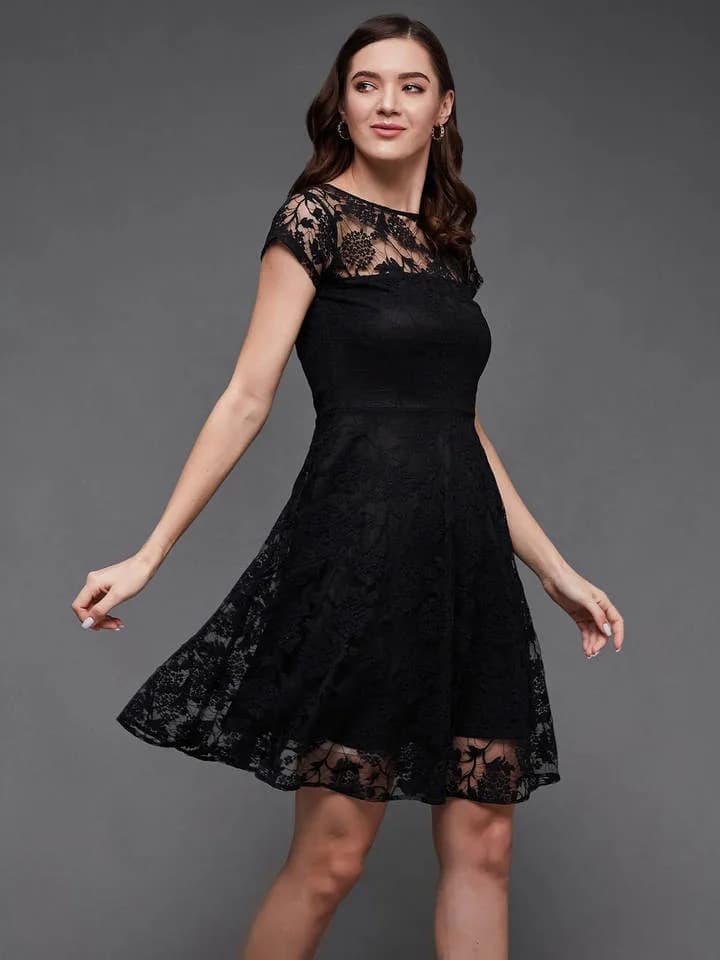 Women's Black Round Neck Cap Sleeves Low Back Lace Skater Party Dress — 4