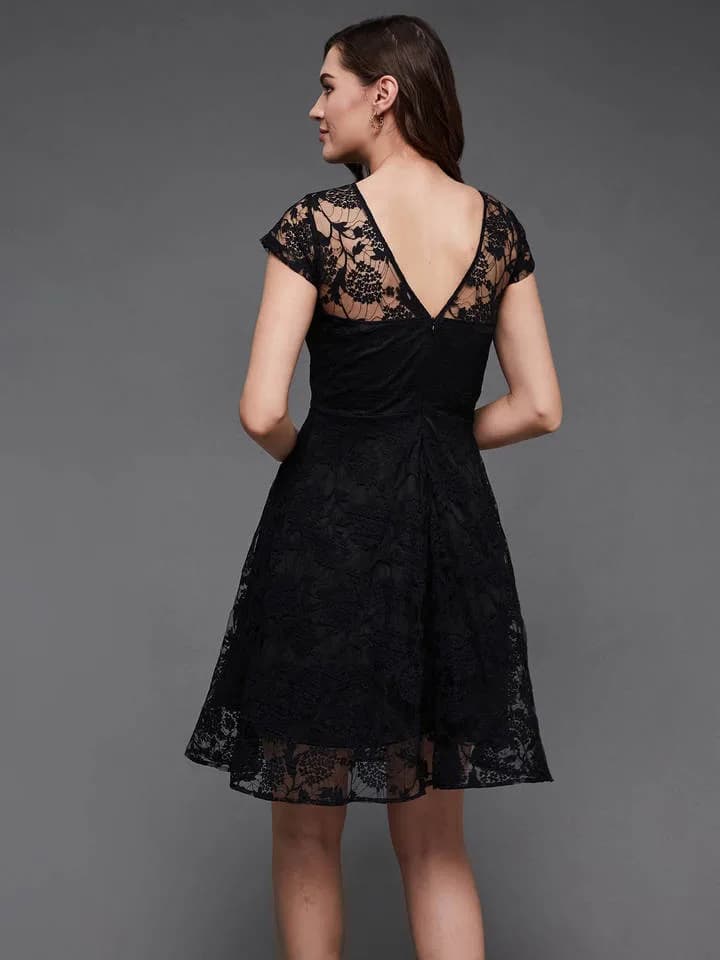 Women's Black Round Neck Cap Sleeves Low Back Lace Skater Party Dress — 6