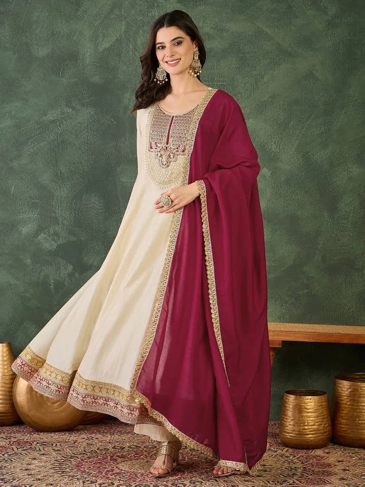 Women Silk Embroidered Cream Anarkali and Pant with Dupatta — 1