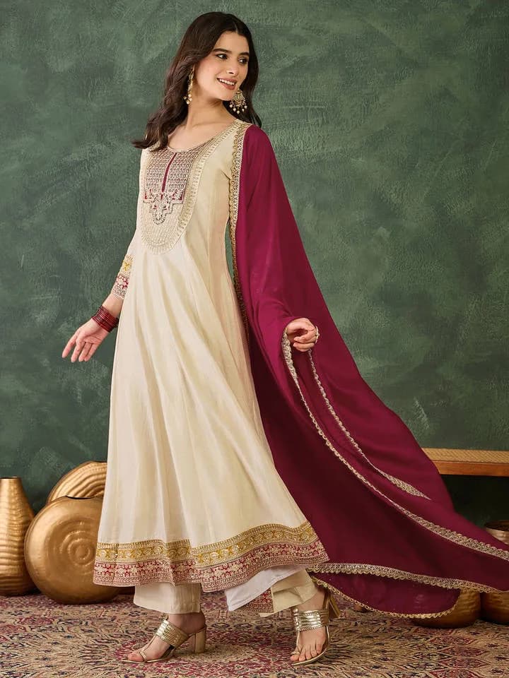 Women Silk Embroidered Cream Anarkali and Pant with Dupatta — 2
