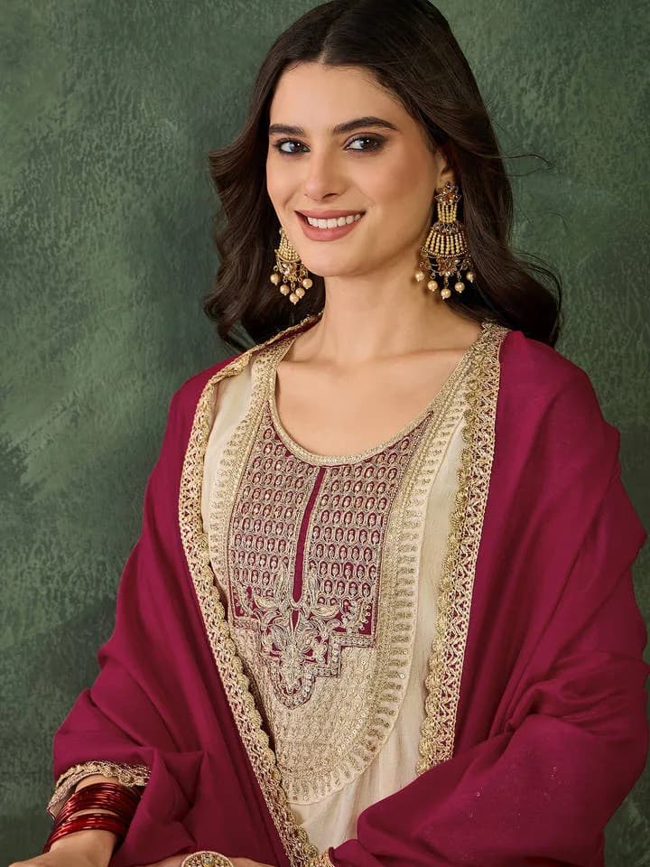 Women Silk Embroidered Cream Anarkali and Pant with Dupatta — 3