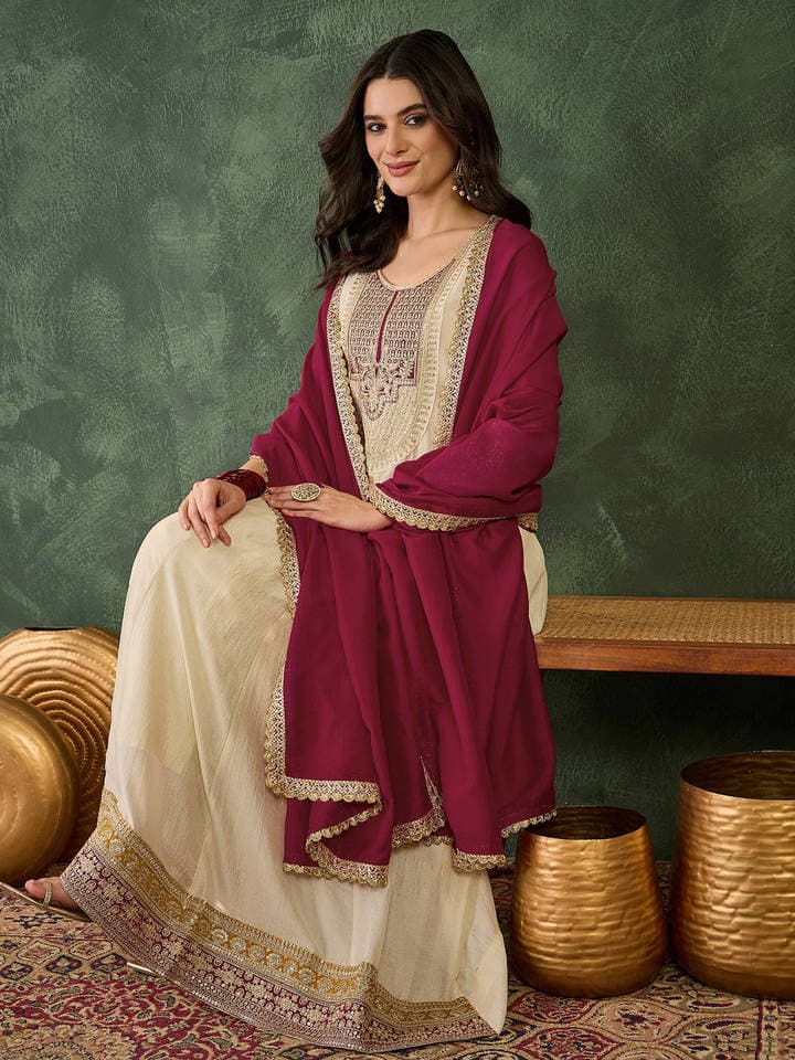 Women Silk Embroidered Cream Anarkali and Pant with Dupatta — 5