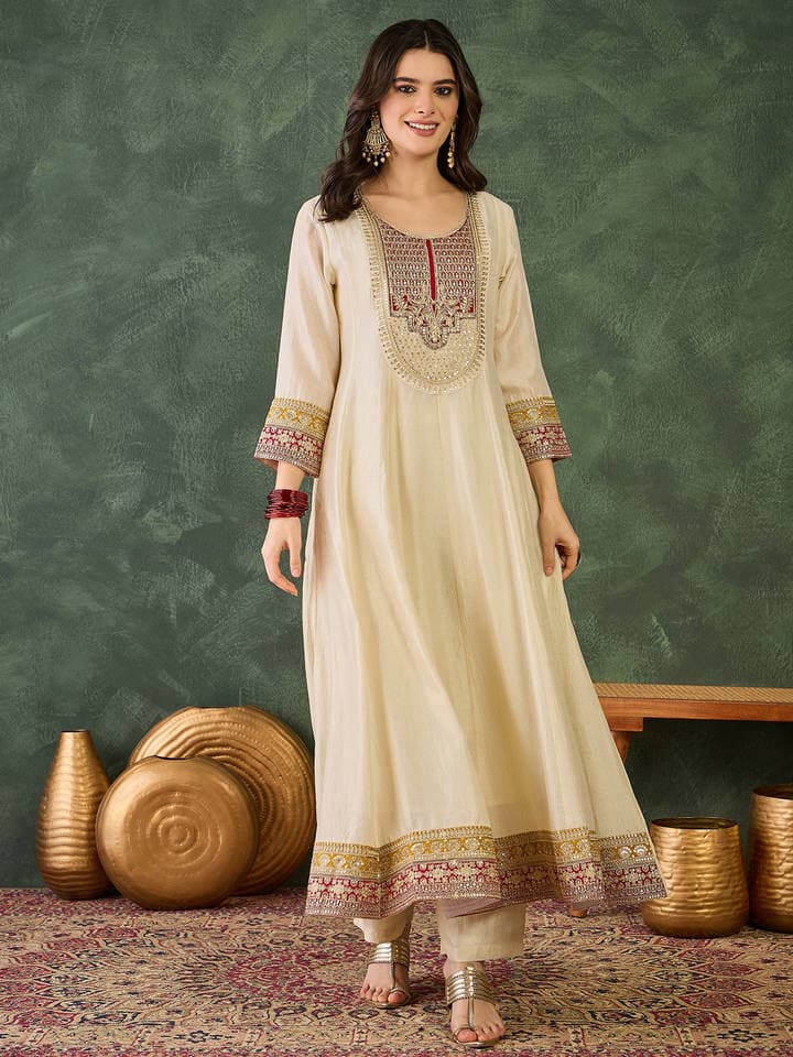 Women Silk Embroidered Cream Anarkali and Pant with Dupatta — 6