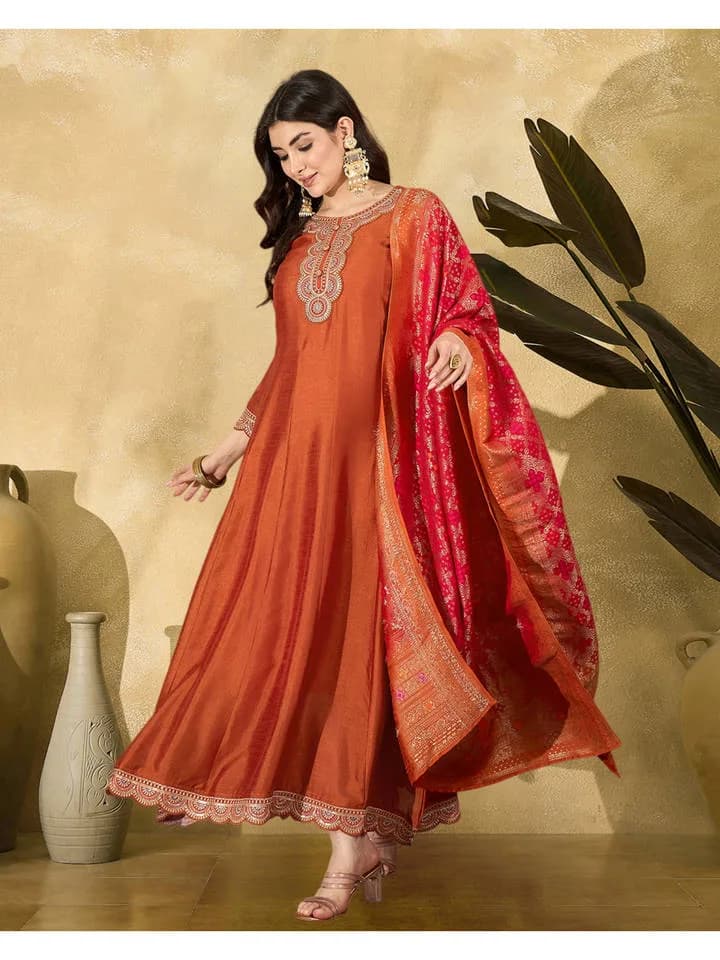 Orange Vichitra Zari Sequence Thread Cording Embroidered Gown with Dupatta — 1
