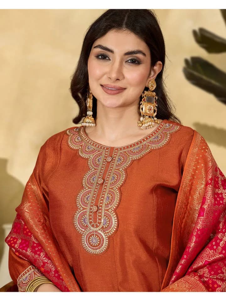 Orange Vichitra Zari Sequence Thread Cording Embroidered Gown with Dupatta — 2