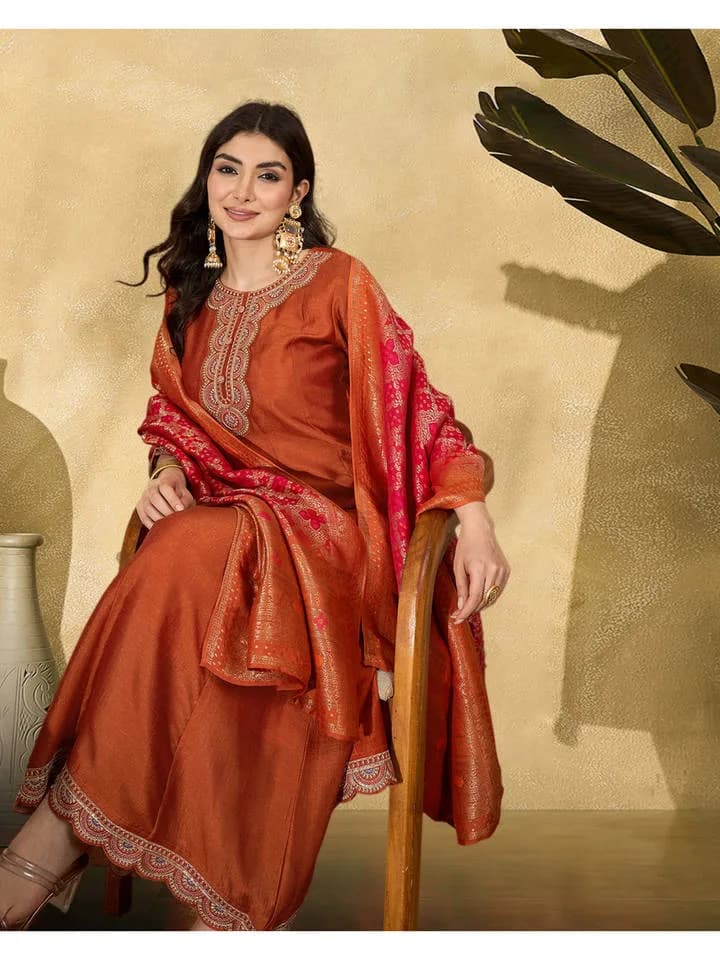 Orange Vichitra Zari Sequence Thread Cording Embroidered Gown with Dupatta — 6
