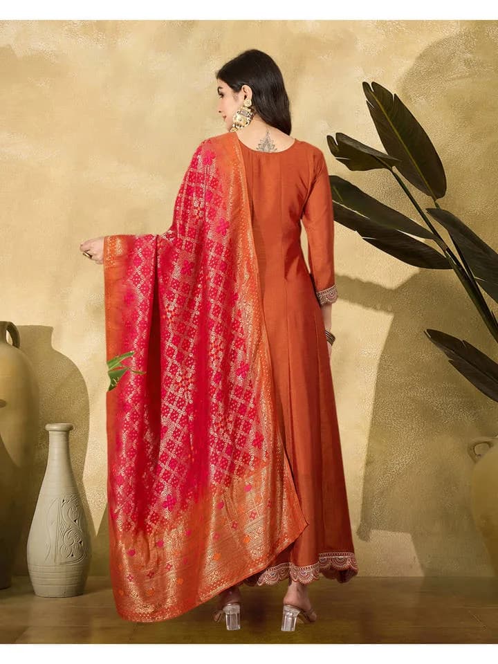 Orange Vichitra Zari Sequence Thread Cording Embroidered Gown with Dupatta — 3