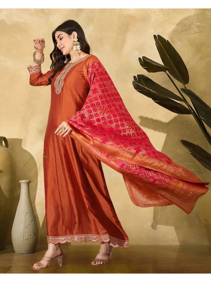 Orange Vichitra Zari Sequence Thread Cording Embroidered Gown with Dupatta — 4