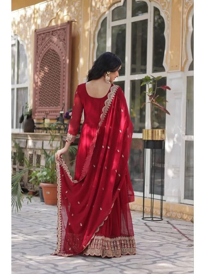 Women Embroidered Maroon A-Line Evening Gown with Dupatta — 3