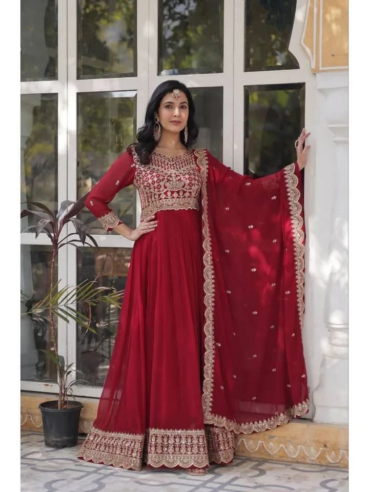 Women Embroidered Maroon A-Line Evening Gown with Dupatta — 1