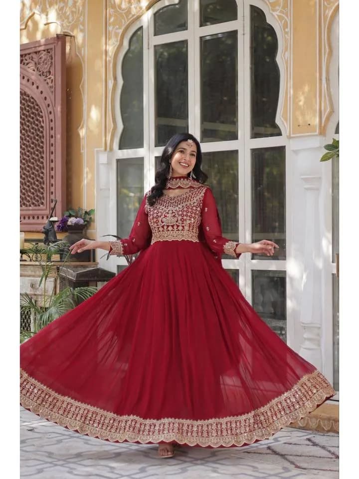 Women Embroidered Maroon A-Line Evening Gown with Dupatta — 2