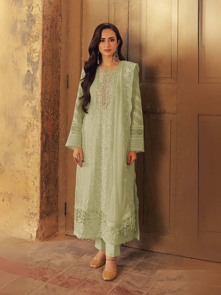 Green Embroidered Georgette Semi-Stitched Kurta with Bottom and Dupatta (Set of 3) — 1