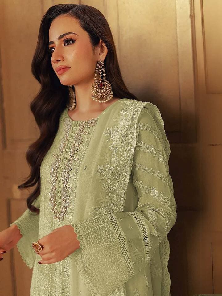 Green Embroidered Georgette Semi-Stitched Kurta with Bottom and Dupatta (Set of 3) — 2