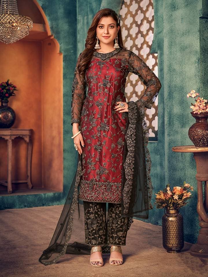 Red Net Embroidered Semi Stitched Dress Material with Inner (Set of 4) — 1