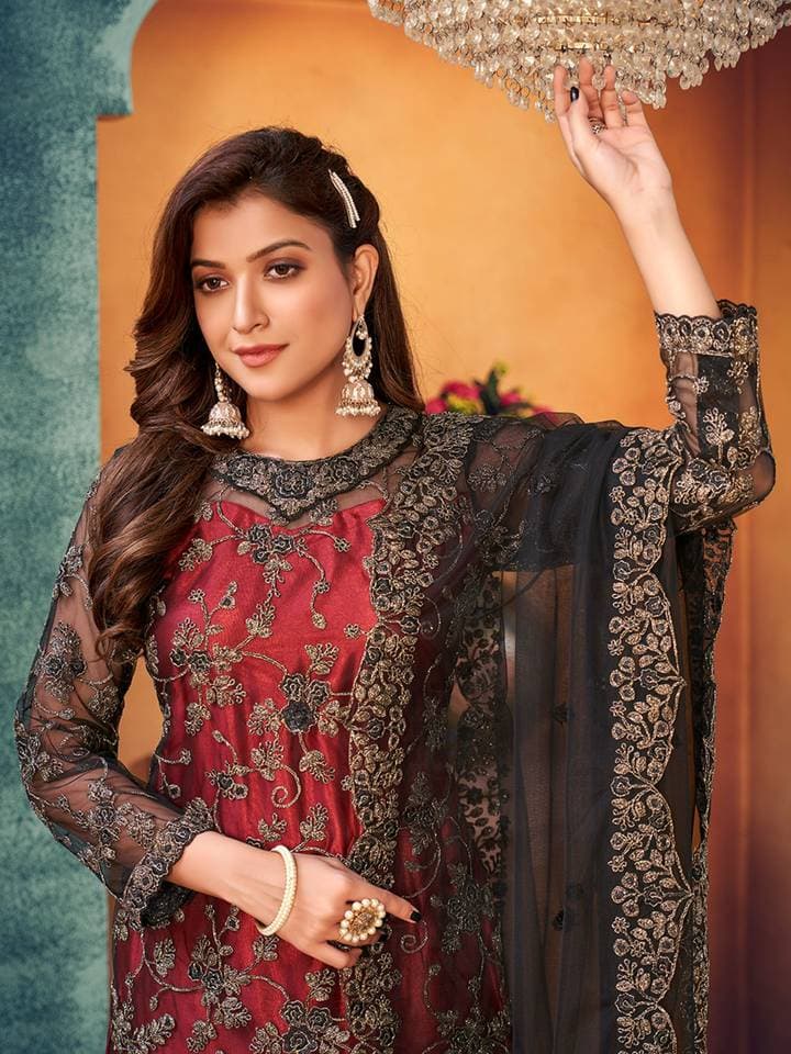 Red Net Embroidered Semi Stitched Dress Material with Inner (Set of 4) — 3