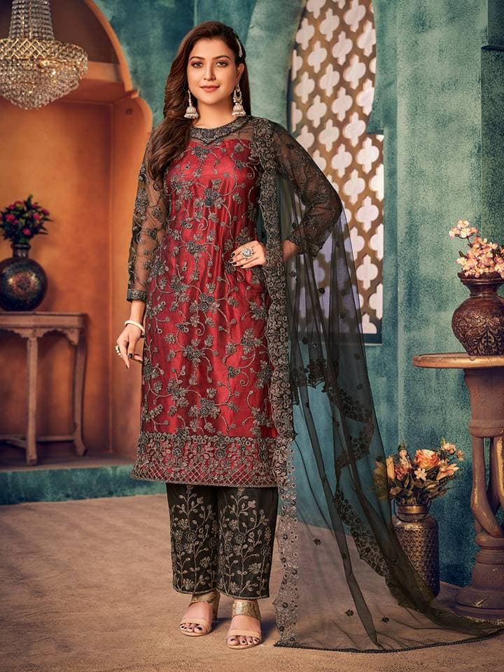Red Net Embroidered Semi Stitched Dress Material with Inner (Set of 4) — 2